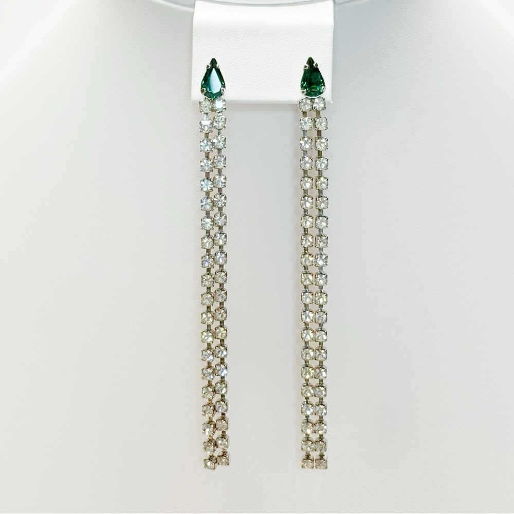 EUC Vintage 1980s Long Rhinestone & Green Crystal Statement Earrings | 4”